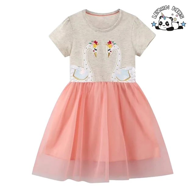 LEZONKIDS - Customized Logo Kids Cute Cartoon Printing Girls Tulle Dress Sequins Stripe For Summer